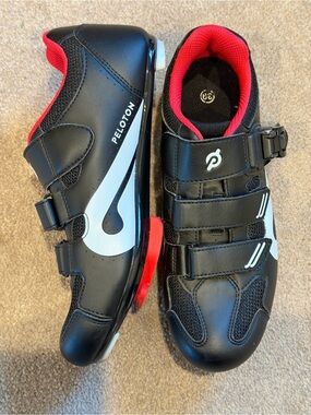 Peloton Women’s Black and Red Cycling Sneakers with White Accents